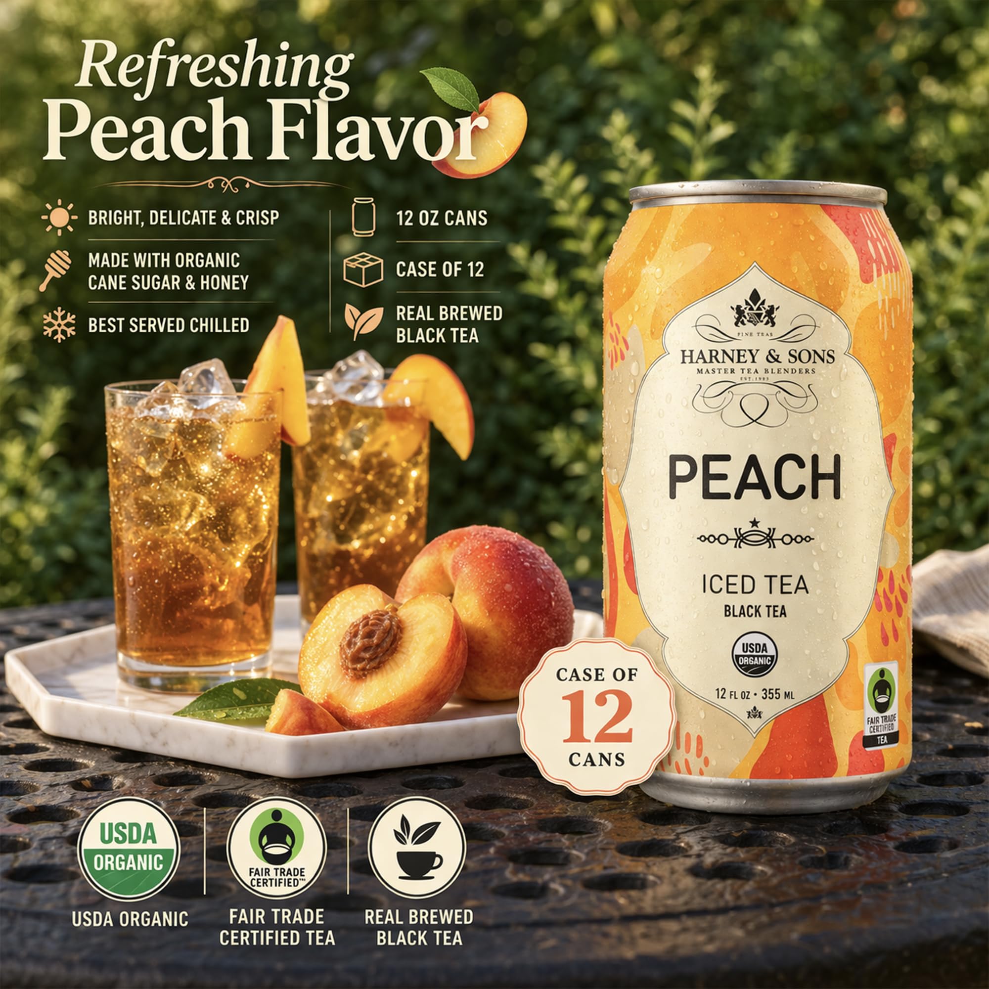 Harney & Sons Organic Peach Iced Tea, 12 oz Cans – Pack of 12 | Refreshing Brewed Black Tea with Real Peach Flavor, USDA Organic & Fair Trade Certified | Portable, Chilled Beverage - Image 3